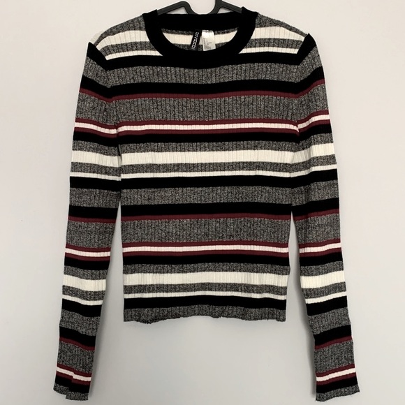 Fall Winter Ribbed Striped Fitted Long Sleeve Crew Neck Top in Multicolor (S) - Picture 2 of 3